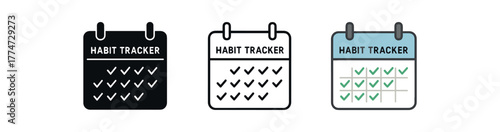 habit tracker calendar icon on white background Black silhouette flat icon outline icon and colored icon style three minimal vector icon style