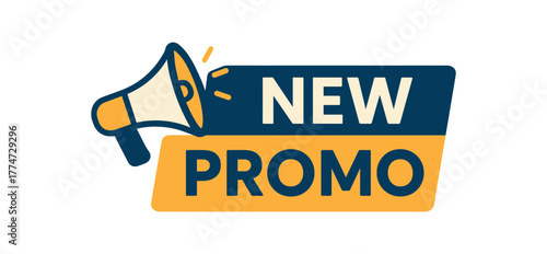 Flat vector banner design icon of megaphone near text NEW PROMO navy and flat bar