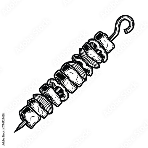 Black and white shish kebab icon with meat onion and bell pepper isolated on a white background .