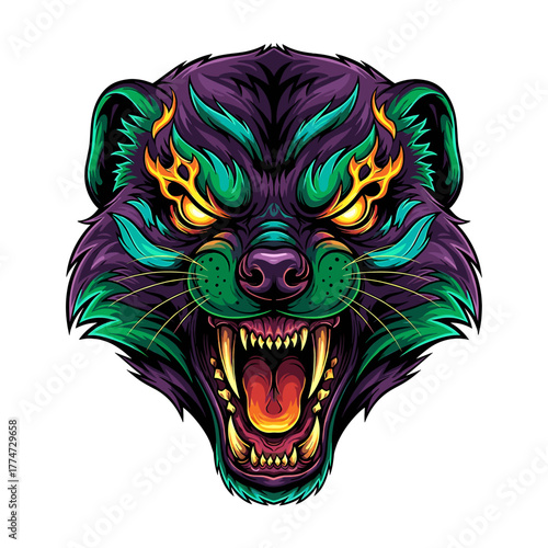 An illustration of a stylized, colorful wolverine head with bared teeth, glowing eyes, and intricate fur patterns.