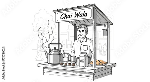 Chai Wala with Milk and Biscuits

Black and White Tea Vendor Stall

Hot Chai Sign at a Street Cart