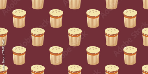 Seamless panettone cake pattern on burgundy. Flat design of italian Christmas dessert with fruits repeating background. Winter vector illustration for banners, cards, social media