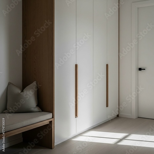 Sunlit contemporary hallway featuring a sleek white closet and integrated seating nook.