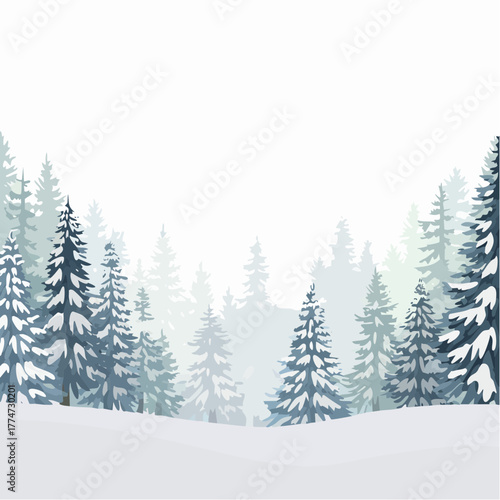 Winter forest scene illustration of evergreen trees under overcast skies