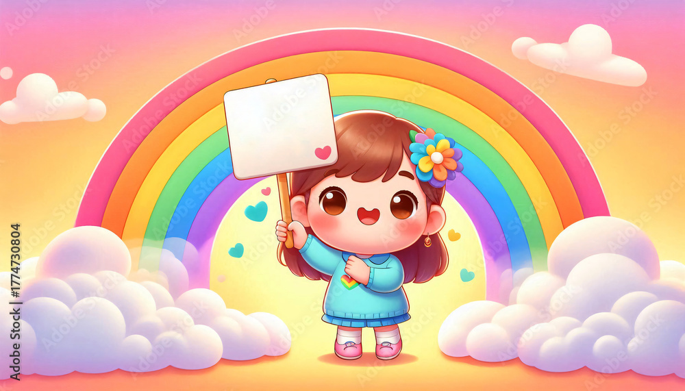 Naklejka premium A cute kid holds a sign with a rainbow string for text on the back.