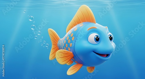 Animated blue fish with orange fins is smiling sweetly in the ocean