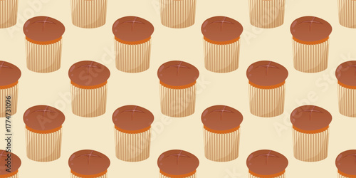 Italian panettone pattern on beige  background. Seamless flat illustration of festive fruit cake repeating texture. Winter vector art for menu, social media