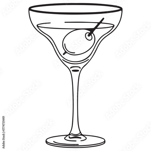 Minimalist Black Line Vector Art of a Martini Glass with Olive