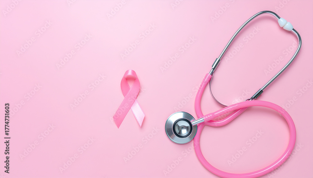 Fototapeta premium Pink stethoscope and breast cancer awareness ribbon on a pink background