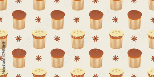 Seamless panettone cake pattern on burgundy. Flat design of italian Christmas dessert with fruits repeating background. Winter vector illustration for greeting cards, banners