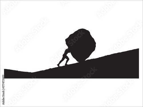 Silhouette of man pushing boulder uphill symbol of perseverance strength effort