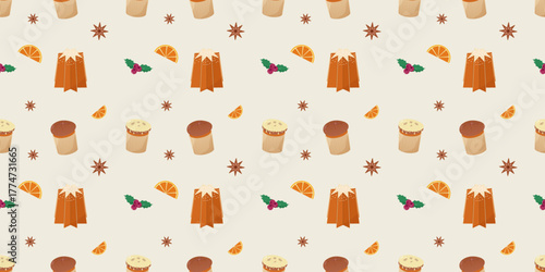 Seamless italian Christmas pattern on beige. Flat design with panettone, pandoro, berries, anise and oranges repeating. Winter vector illustration for banners, package, menu