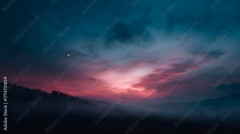 Fototapeta premium Dramatic twilight sky with crescent moon and misty landscape