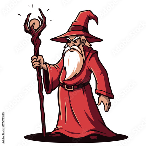 Angry Red Wizard Cartoon Mascot with Glowing Orb Staff