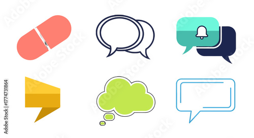 A diverse collection of colorful vector icons for communication featuring speech bubbles a thought cloud and a USB flash drive.