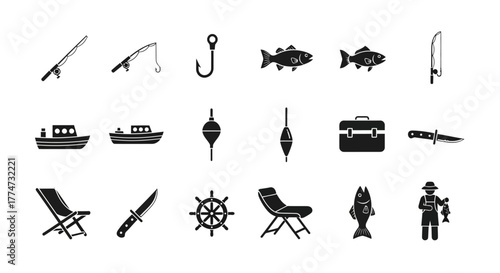 Black fishing icon set on white background