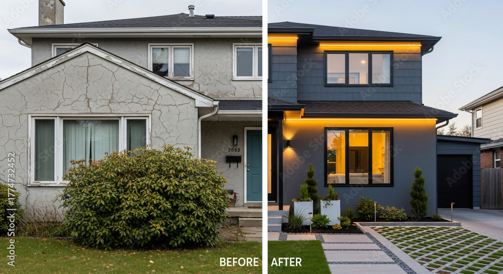 Obraz premium Suburban home curb appeal transformation: before and after renovation