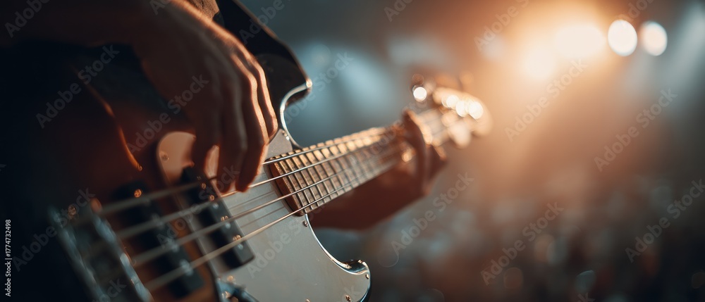 Obraz premium Bass Guitarist Performing Live Under Stage Lights, Close-Up View.