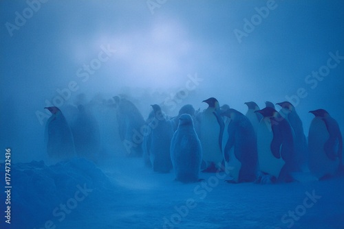 Emperor penguins huddled together against a frigid, icy, and snowy storm