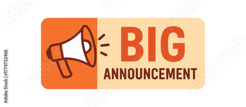 Flat vector banner design icon of megaphone near text BIG ANNOUNCEMENT orange and beige rectangular label
