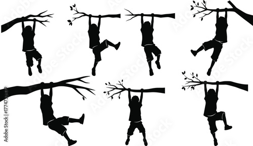 Child silhouette, hanging from tree branch, playful kid, outdoor activity, childhood fun, swinging pose, nature scene, vector art, black illustration