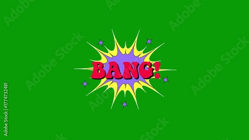 bang word comic retro cartoon comic, bang! text pop art expression. bubbles popup style expressions, colorful bomb, smoke strip dotted comic. Seamless comic loop animation green screen
