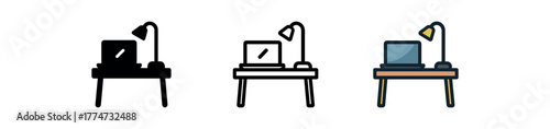 remote work laptop desk icon on white background Black silhouette flat icon outline icon and colored icon style three minimal vector icon style