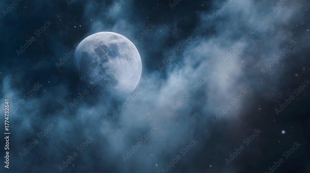 Fototapeta premium A luminous full moon emerges from dark misty clouds in a starry night sky creating a mysterious and ethereal atmosphere