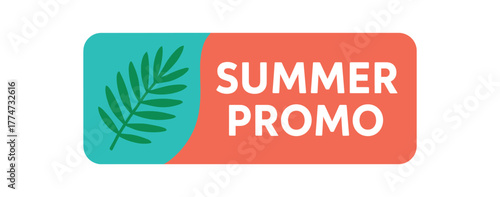 Flat vector banner design icon of tropical palm leaf beside text SUMMER PROMO turquoise and coral horizontal design