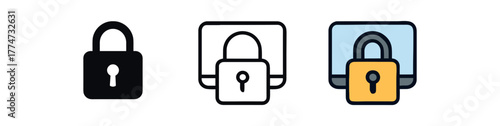 digital privacy lock icon on white background Black silhouette flat icon outline icon and colored icon style three minimal vector icon style