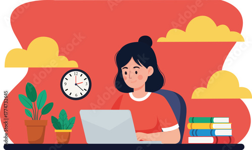 Woman working on laptop with books and plant indoors