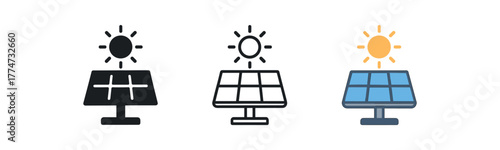 sustainable energy solar panel icon on white background Black silhouette flat icon outline icon and colored icon style three minimal vector icon style