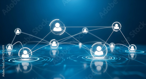 A glowing network of interconnected people icons on a blue background, representing social media, communication, and digital connection in the modern world