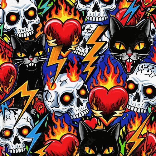 Edgy black cat, flaming hearts, and skulls collide in this vibrant, rebellious tattoo flash art featuring bold lightning bolts and fiery passion.