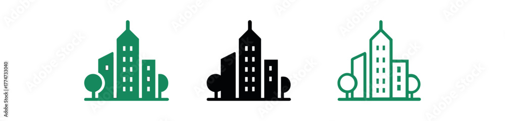 Naklejka premium green city skyline icon on white background Black silhouette flat icon outline icon and colored icon style three minimal vector icon style