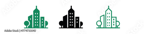 green city skyline icon on white background Black silhouette flat icon outline icon and colored icon style three minimal vector icon style