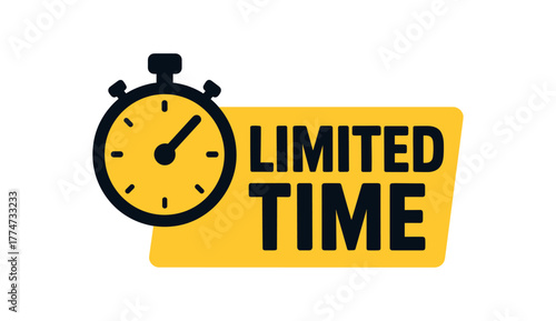 Flat vector banner design icon of stopwatch near bold text LIMITED TIME and black flat layout