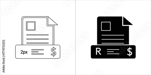 Outline and solid black document with currency icons