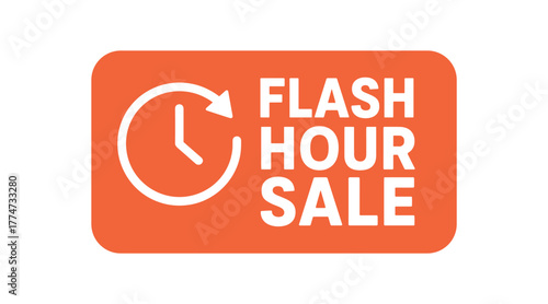 Flat vector banner design icon of clock and arrow loop beside text HOUR SALE redorange rectangular shape