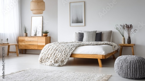 Cozy and Modern Bedroom with Natural Wood Furniture, Rustic Textures, Soft Bedding, and Minimalist Decor in Bright and Airy Atmosphere