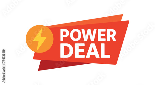 Flat vector banner design icon of energy spark beside text POWER DEAL red and orange dynamic shape