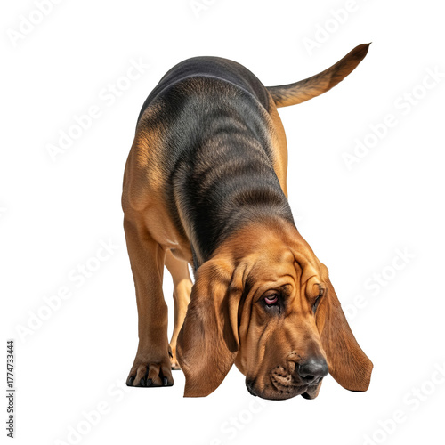 A curious Bloodhound, a distinguished dog species, breed of scent hounds, exploring with its exceptional sense of smell, isolated on white, showcasing its unique traits