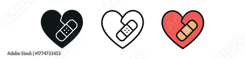 emotional healing bandage heart icon on white background Black silhouette flat icon outline icon and colored icon style three minimal vector icon style