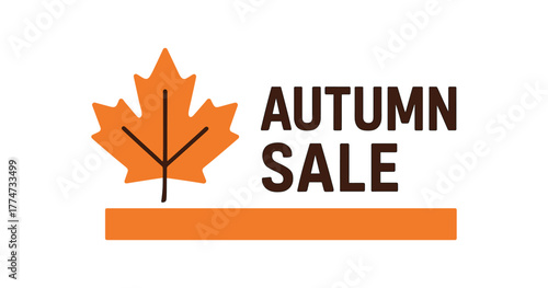 Flat vector banner design icon of maple leaf beside text AUTUMN SALE brown and orange horizontal bar