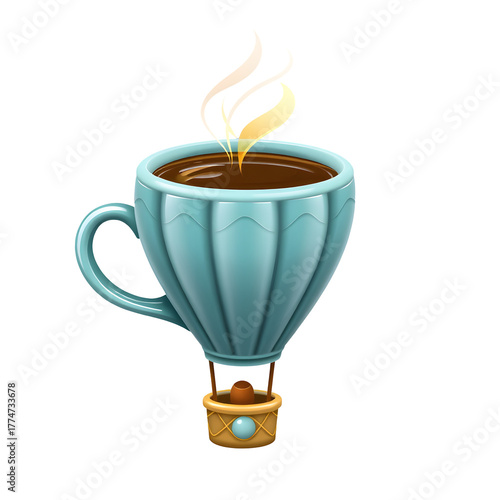 Whimsical hot air balloon shaped like a coffee cup with steam rising isolated on transparent background