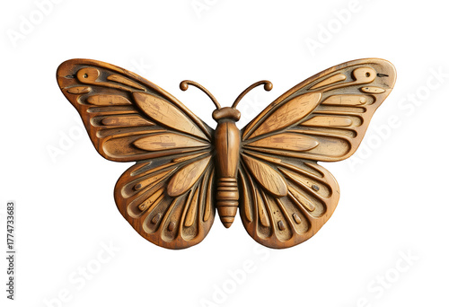 Intricately carved wooden butterfly sculpture isolated on transparent background