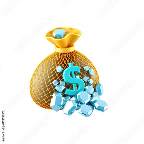 Golden money bag overflowing with blue ice cubes and dollar sign isolated on transparent background