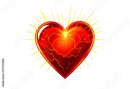 Radiant red heart symbol emitting golden light rays isolated on transparent background