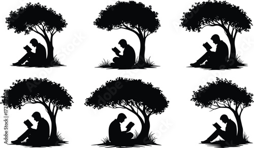 Silhouette person reading under tree, peaceful nature illustration, outdoor education concept, black vector art, knowledge learning design, contemplative scene, decorative background