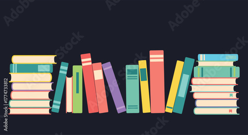 A vibrant and diverse assortment of colorful books, some standing upright and others neatly stacked, set against a dark, minimalist background.